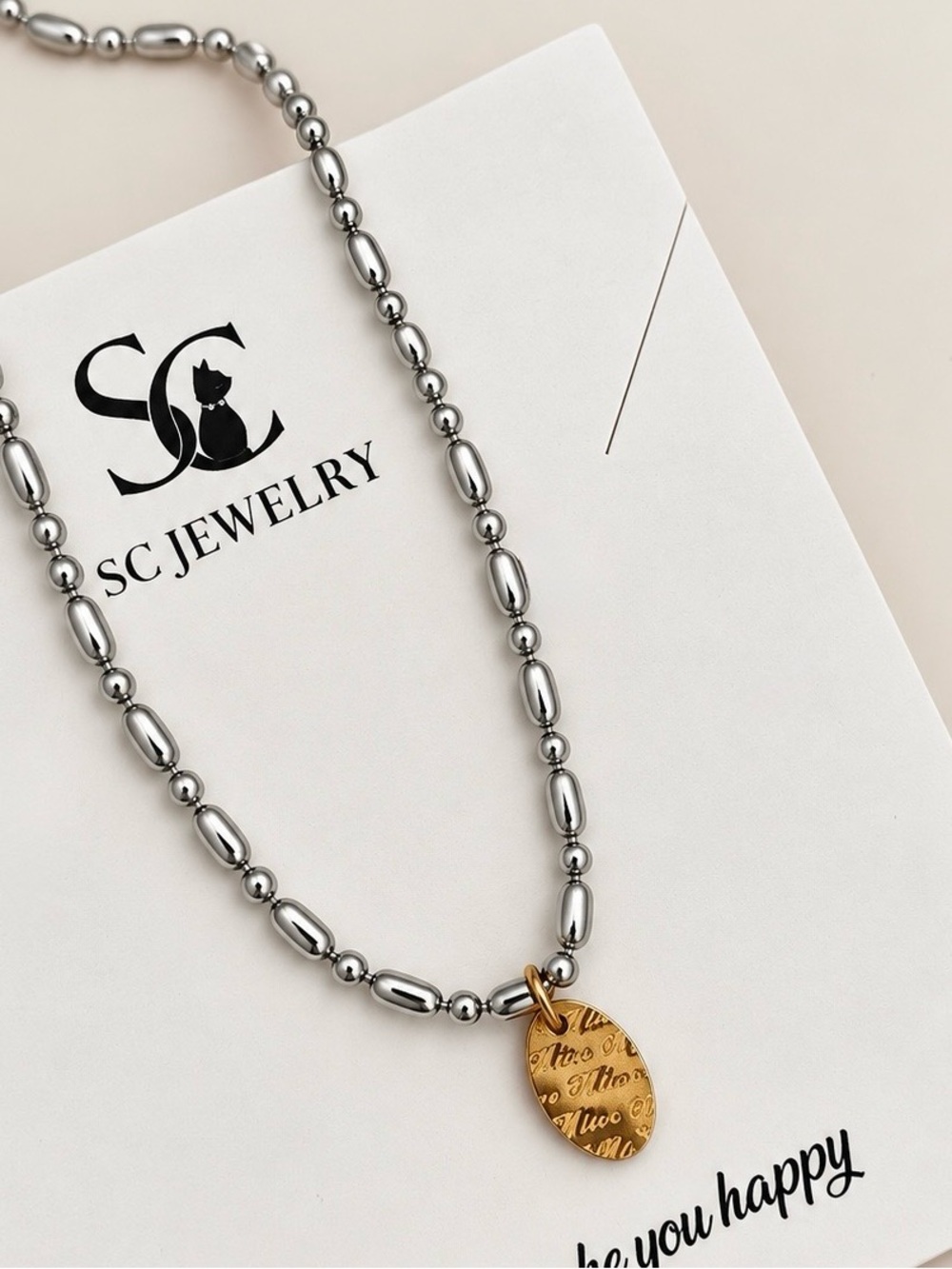 Two Tone Stainless Steel Gold Script Pendant Silver Beaded Chain Necklace Mixed